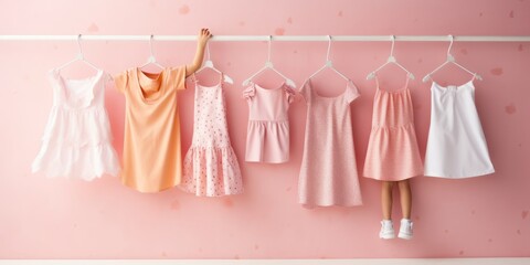 Girl Dresses clothes in pastel colors on line hanger in a row. Background of a pink colored wall