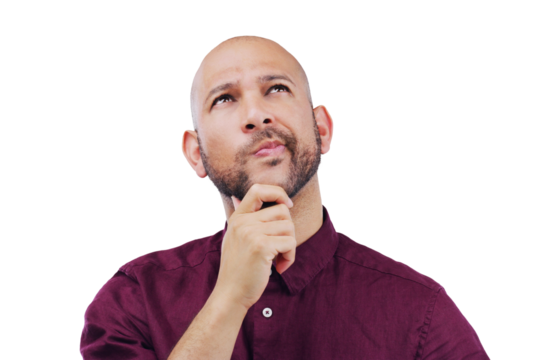 Man, thinking and confused by ideas and question, why or planning on isolated, transparent or png background. Remember, doubt and guy with a solution, problem solving or brainstorming a memory