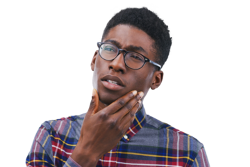 Black man, student ideas and thinking, doubt or confused with university, study or college decision. Young person in learning solution or problem solving emoji isolated on transparent png background