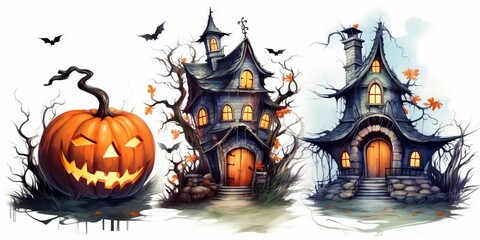 Fototapeta na wymiar Halloween Fairy House, Watercolor white background