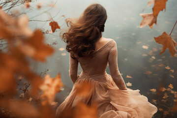 Dreamlike autumn scene with running woman and falling leaves. Romantic woman in long dress at a pond in fall. - 631126116