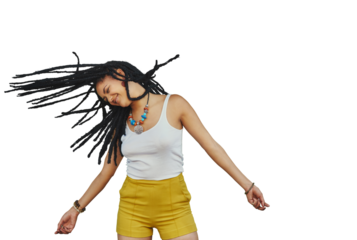 Smile, dancing and woman with dreadlocks hair isolated on a transparent png background. Happy, freedom and African person with braids, energy for moving to rhythm of music and celebration of party