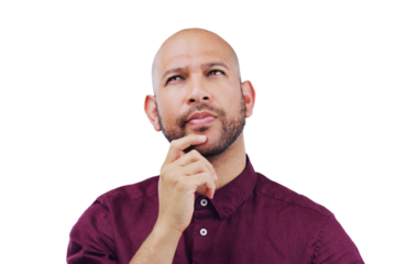 Confused, man and thinking of ideas or remember a question, why and planning on isolated, transparent or png background. Doubt, face and guy with hand for solution, problem solving or brainstorming