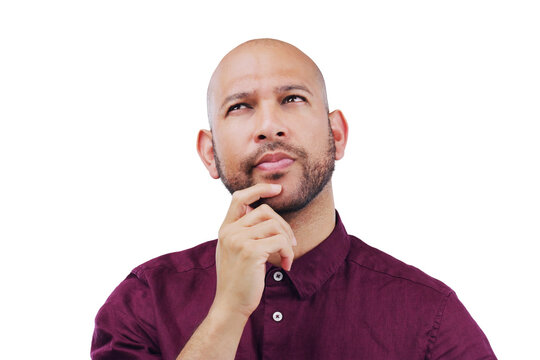 Confused, man and thinking of ideas or remember a question, why and planning on isolated, transparent or png background. Doubt, face and guy with hand for solution, problem solving or brainstorming