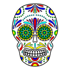 Day of The Dead colorful Skull with floral ornament. Mexican sugar skull. Illustration on transparent background