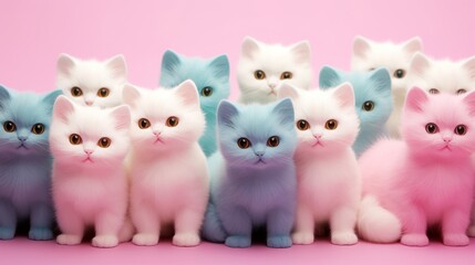Lots of cute baby cats with colored hair in pastel colors. Isolated on a pink background. Unusual contemporary art style