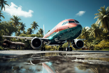 Fototapeta na wymiar Airplane in the tropical environment. Traveling by plane concept.