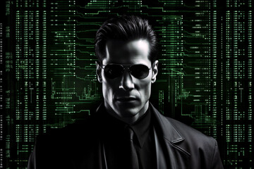 Portrait of a handsome man wearing sunglasses on a dark background with binary code