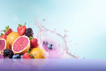 fresh fruits with splash on light pink yellow background, ai generated
