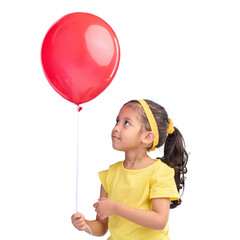 Red balloon, young girl and child at birthday party, carnival festival or celebration event with...
