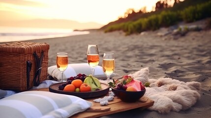 Picnic on the beach at sunset in the style of boho. Food and drink, relax, holiday concept