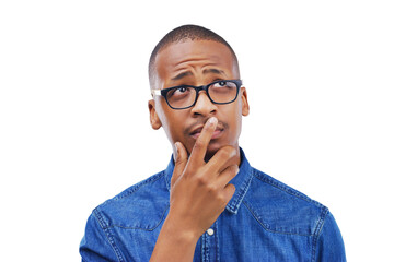 Black man, thinking and confused with doubt or remember, memory and planning on isolated, transparent or png background. Decision, guy and question for brainstorming, why and problem solving ideas - obrazy, fototapety, plakaty