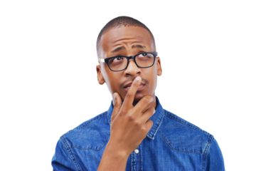 Black man, thinking and confused with doubt or remember, memory and planning on isolated, transparent or png background. Decision, guy and question for brainstorming, why and problem solving ideas