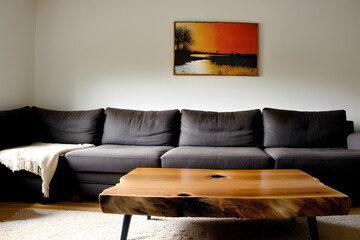 Live edge wooden coffee table near corner sofa. Interior design of modern living room in farmhouse