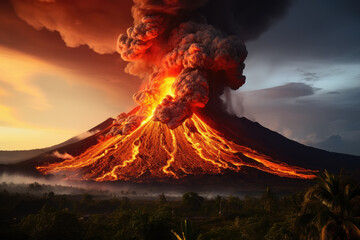 Raw power and beauty of an active volcano, with molten lava flowing down