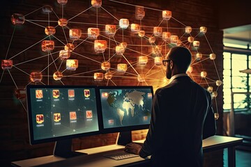 Data base and coding concept with businessman back looking at digital screen with interconnected nodes layout