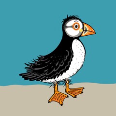 Graphic cartoon style puffin on a bold turquoise background. This bird has the distinct colourful beak, quirky webbed feet and stylised feathers.