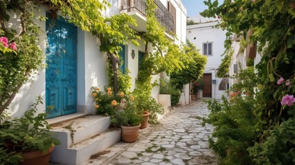 Fototapeta na wymiar a cobblestone street with potted plants and a blue door. generative ai