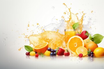 juice with splash and fresh fruits on light background