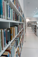A large number of bookshelves with books. White bookshelves in the library, on which there are many...