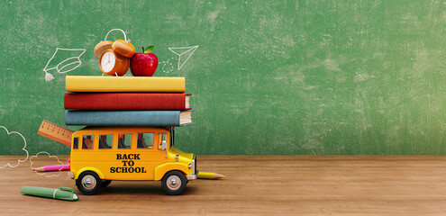 Back to school banner. Funny School bus with books and accessory in front of green chalkboard with copy space. 3D Rendering, 3D Illustration	 - Powered by Adobe