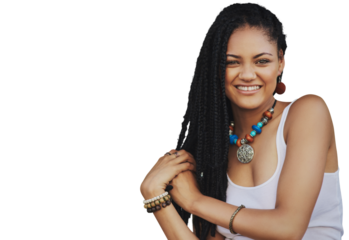 Portrait, fashion dreadlocks and woman with hair isolated on a transparent png background. African person, face and natural braids for aesthetic, haircare and hairstyle for salon treatment with smile