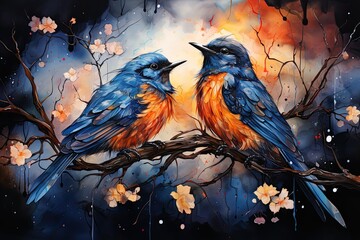 Illustration of birds on an abstract background, capturing the beauty of nature's harmony and artistic expression in a captivating display. Generative Ai.