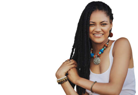 Portrait, fashion dreadlocks and woman with hair isolated on a transparent png background. African person, face and natural braids for aesthetic, haircare and hairstyle for salon treatment with smile