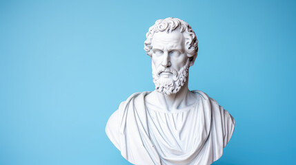 Fototapeta na wymiar Greek philosopher bust, statue with copyspace on pastel blue background, philosophy and knowledge concept, wisdom
