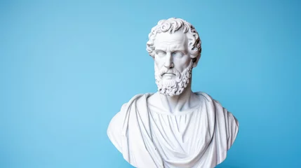Fotobehang Greek philosopher bust, statue with copyspace on pastel blue background, philosophy and knowledge concept, wisdom © OpticalDesign