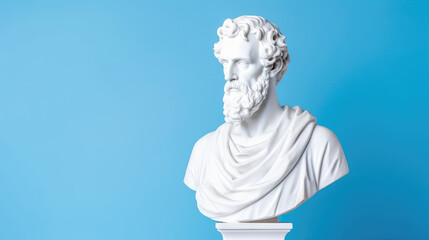 Obraz premium Greek philosopher bust, statue with copyspace on pastel blue background, philosophy and knowledge concept, wisdom