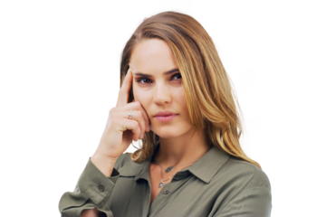 Business woman, portrait and thinking of ideas, brainstorming or career decision, planning and focus. Face of professional person with memory emoji and solution isolated on transparent png background