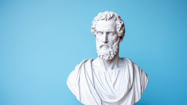 Greek philosopher bust, statue with copyspace on pastel blue background, philosophy and knowledge concept, wisdom