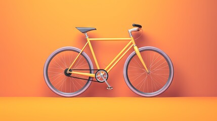  a yellow bicycle is standing against an orange wall with a black seat.  generative ai
