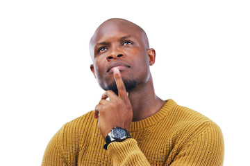 African man, thinking and remember ideas or confused by question, why or planning on isolated, transparent or png background. Doubt, face and guy with a solution, problem solving or brainstorming - obrazy, fototapety, plakaty