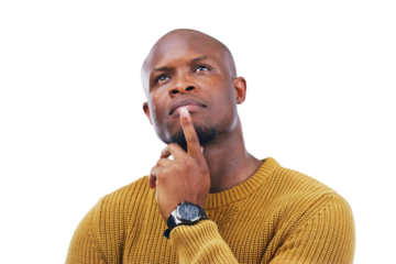 African man, thinking and remember ideas or confused by question, why or planning on isolated, transparent or png background. Doubt, face and guy with a solution, problem solving or brainstorming