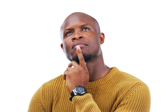 African man, thinking and remember ideas or confused by question, why or planning on isolated, transparent or png background. Doubt, face and guy with a solution, problem solving or brainstorming