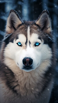 Portrait of a blue eyed beautiful smiling Siberian Husky dog. AI Generative