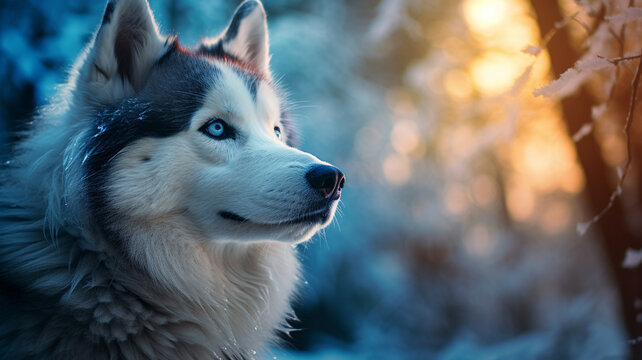 Portrait of a blue eyed beautiful smiling Siberian Husky dog. AI Generative