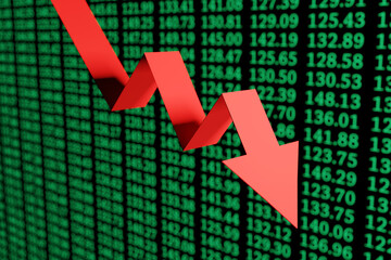 Red down arrow in front of a green screen of stock prices. Illustration of the crash of stock markets