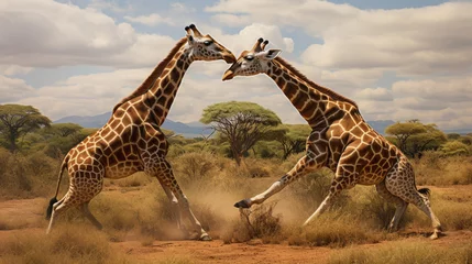 Gordijnen Two giraffes engaged in a fierce battle in the untamed wilderness © cac_tus