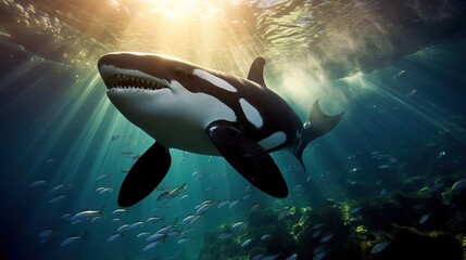 Fototapeta premium an orca swimming in the ocean with a lot of fish. generative ai