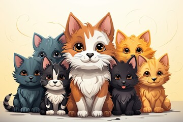 Fototapeta premium The illustration portrays a playful and diverse group of cats, showcasing their curious and mischievous personalities in a lively and charming setting. Generative Ai.