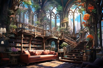 Fototapeta premium The illustration showcases an abstract depiction of a library, with books, shelves, and reading spaces merged into a harmonious and imaginative artistic display. Generative Ai.