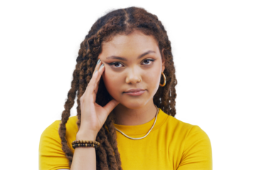 Tired, stress and portrait of a woman with headache, sad or depression. Teenager face, attitude and serious young person with a problem, burnout or frustrated isolated on a transparent png background