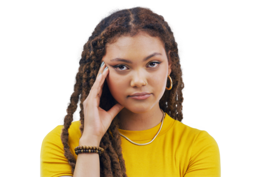 Tired, stress and portrait of a woman with headache, sad or depression. Teenager face, attitude and serious young person with a problem, burnout or frustrated isolated on a transparent png background - Powered by Adobe