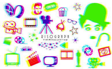 Set of Risograph style symbols. Cinema, film and tv concept. Vintage, glitch colorful icons.
 - obrazy, fototapety, plakaty