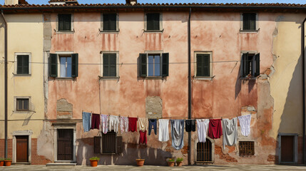 A vibrant display of colorful laundry hanging out to dry in a traditional neighborhood