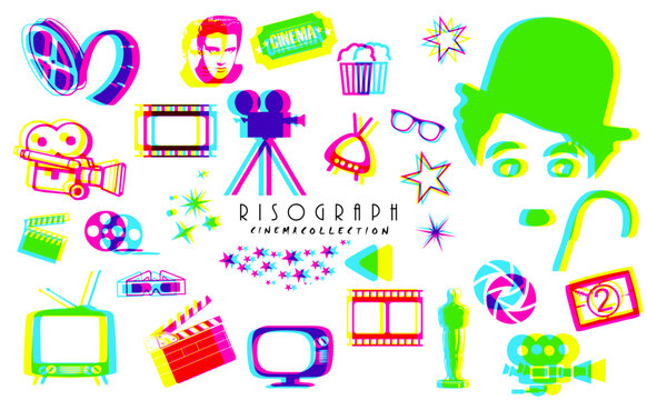 Set of Risograph style symbols. Cinema, film and tv concept. Vintage, glitch colorful icons.
