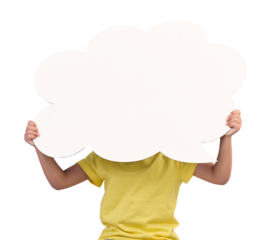 Speech bubble, space and information with a child isolated on a transparent background for opinion or a news announcement. Social media, mockup and kid with a blank poster for marketing on PNG